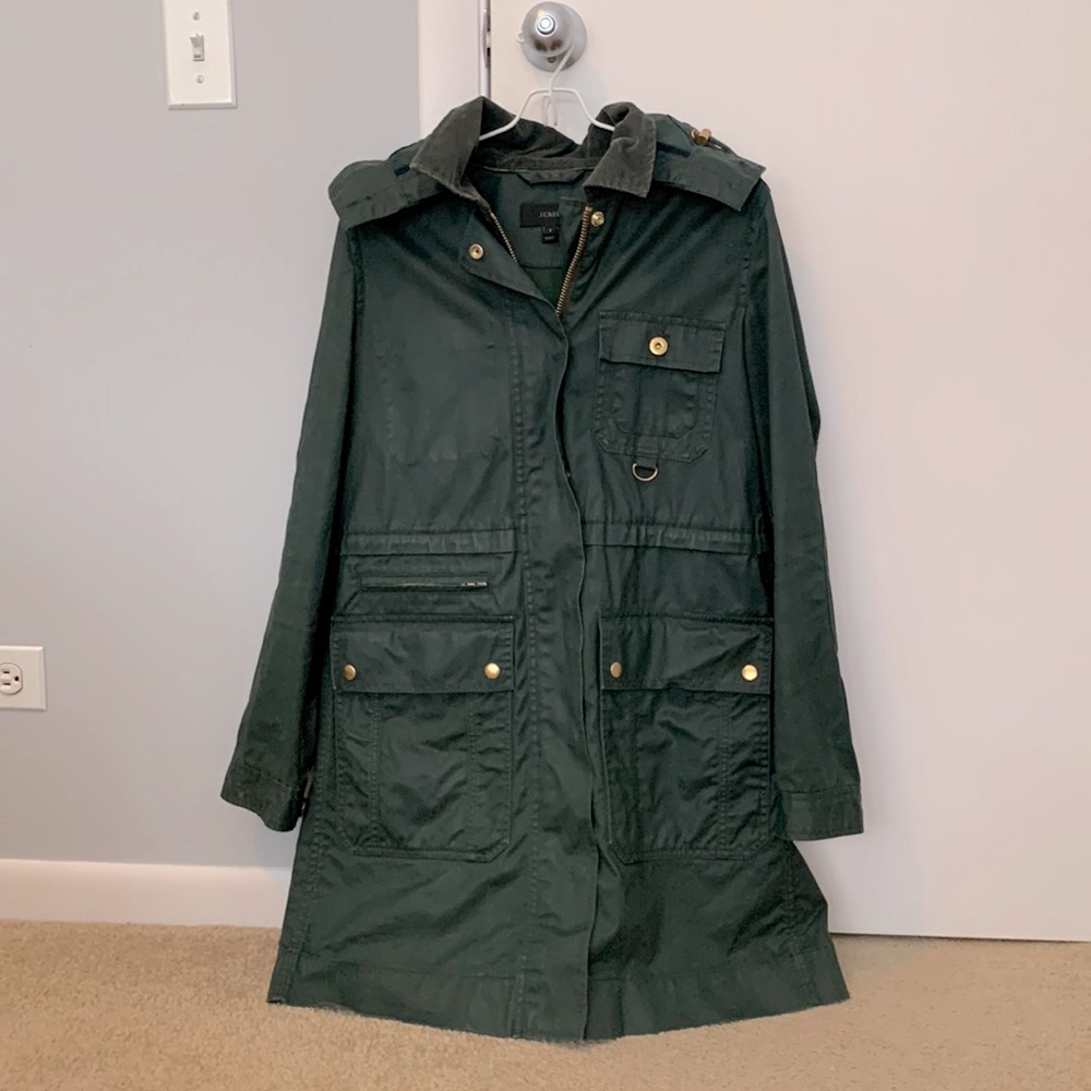 Green JCREW Military Jacket w/ Gold Hardware, Hood, and Pockets!
